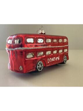 St. Nicholas Square Red London Double Decker Bus Blown Glass Ornament (4.75" L)